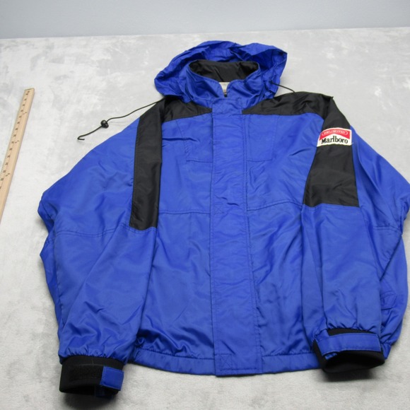 Vintage Marlboro Unlimited Jacket Mens Large Blue Black Hooded Full Zip Rain 90s - Picture 2 of 15